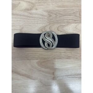 Vintage Black Elastic Stretch Belt Silver Western Engraved Buckle Retro Boho #24